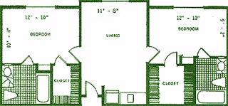 Green schematic floor plan of a two-bedroom unit with a central living area, closets, and two bathrooms.