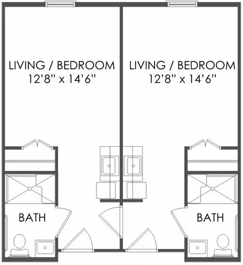 Architectural floor plan showing two adjacent living/bedroom units, each measuring 12 feet 8 inches by 14 feet 6 inches. Each unit includes a bathroom with a toilet, sink, and shower. The units share a central wall with two sinks facing each other in the middle.