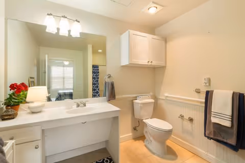 A clean bathroom with a white vanity and sink, a large mirror above the sink, a toilet next to the vanity, a white cabinet mounted on the wall above the toilet, and towels hanging on a rack. There is a small lamp and a red flower plant on the vanity. The bathroom has beige walls and tiled floor.