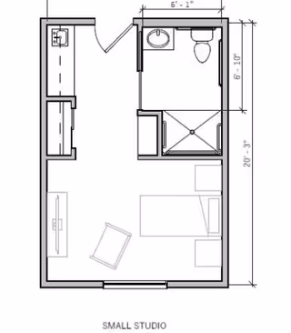 Architectural floor plan of a small studio apartment showing a combined living and sleeping area with a bed, chair, and TV, a kitchenette with a sink and counter, and a bathroom with a toilet, sink, and shower.