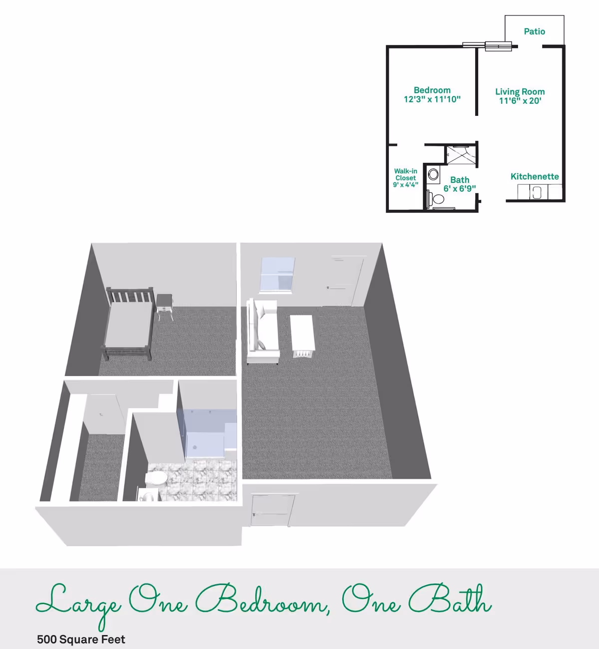 3D floor plan and 2D layout of a large one-bedroom, one-bath assisted living apartment at Brownsburg Meadows Assisted Living. The layout includes a bedroom with a bed and nightstand, a living room with a sofa and coffee table, a bathroom with a shower, toilet, and sink, a walk-in closet, a kitchenette, and a patio. The total area is 500 square feet.