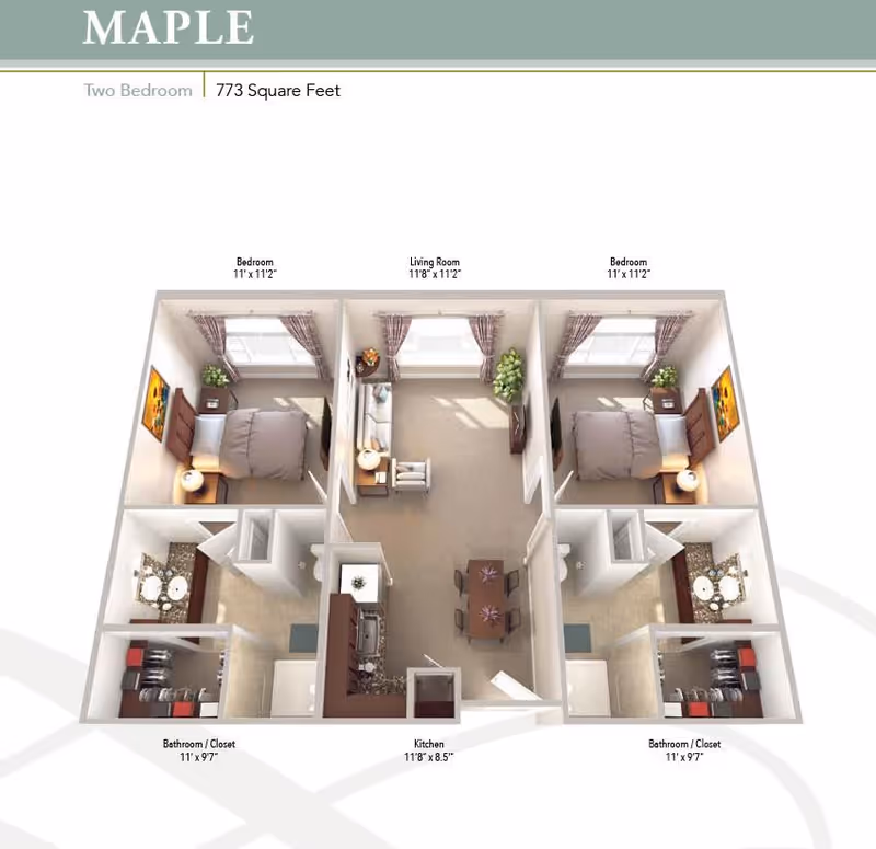 3D floor plan of a two-bedroom apartment named Maple, showing two bedrooms each with a bed, nightstand, and window. The living room is centrally located with a sofa, chair, and TV. The kitchen and dining area are adjacent, with a dining table and chairs. Each bedroom has an attached bathroom and closet area.