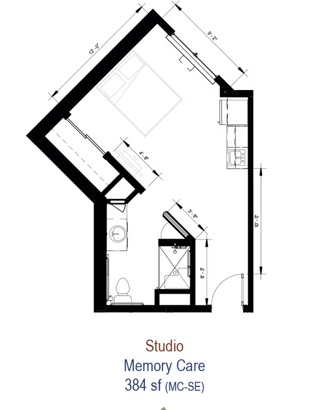 Architectural floor plan of a studio memory care unit at MorningStar Assisted Living & Memory Care at Jordan Creek, showing a layout with a bed, a desk, a bathroom with a shower, and a closet, covering 384 square feet.