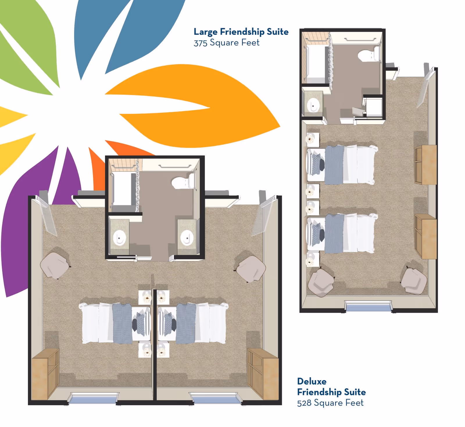 Floor plans of two types of Friendship Suites at YOURLife of West Melbourne. The Large Friendship Suite is 375 square feet and features two beds, two chairs, two dressers, and a shared bathroom with two sinks, a shower, and a toilet. The Deluxe Friendship Suite is 528 square feet and includes two beds, two chairs, two dressers, and a bathroom with a single sink, shower, and toilet.