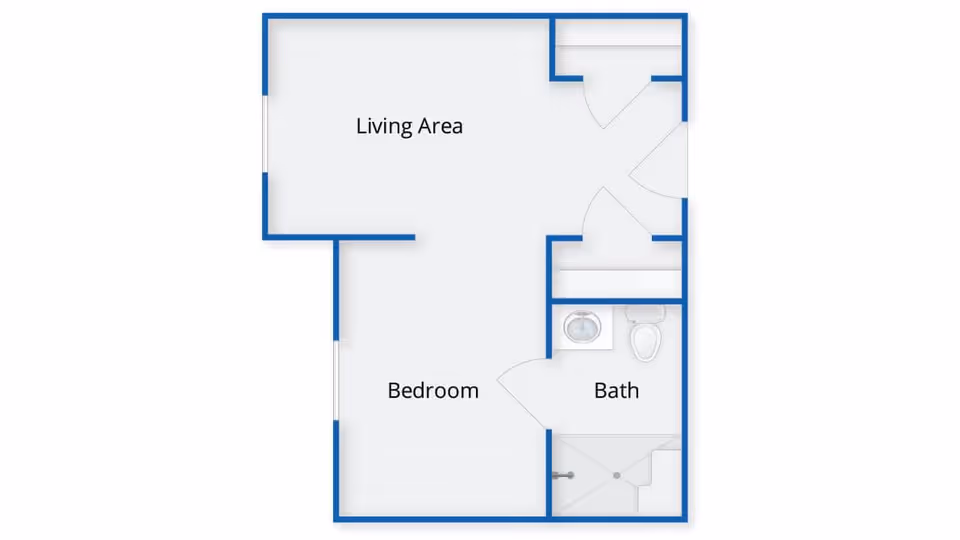 Floor plan of a living space at The Atrium at Drum Hill showing a living area, bedroom, and bathroom with labeled rooms and doors.