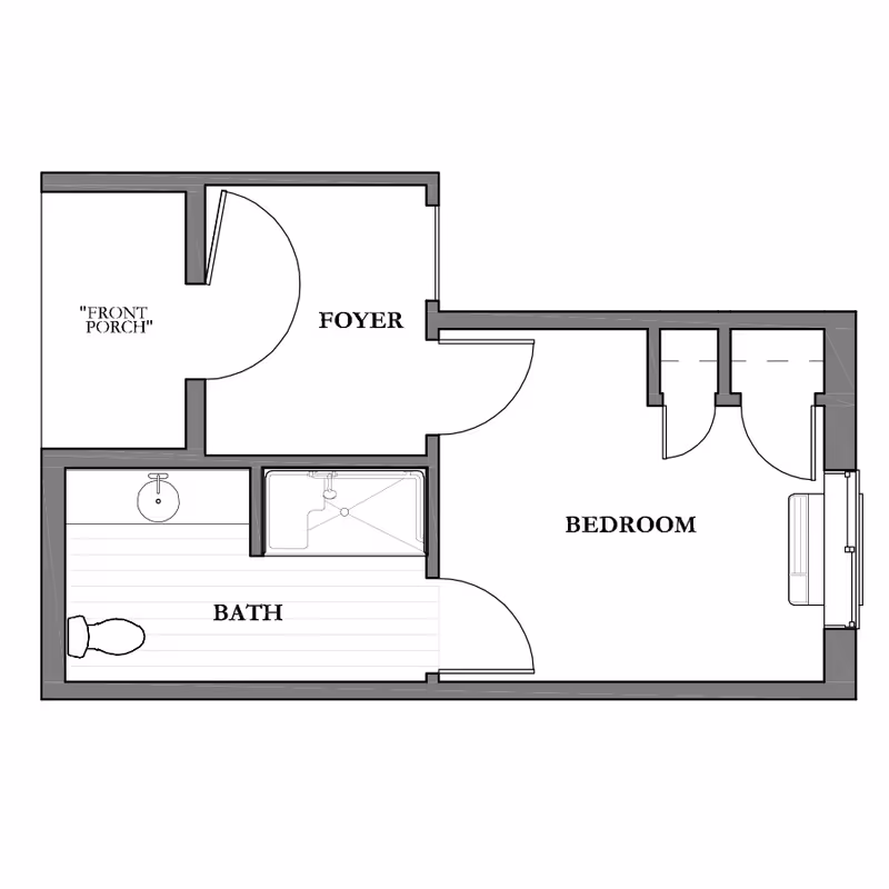 Architectural floor plan showing a layout with a front porch, foyer, bedroom, and bathroom including a toilet, sink, and shower.