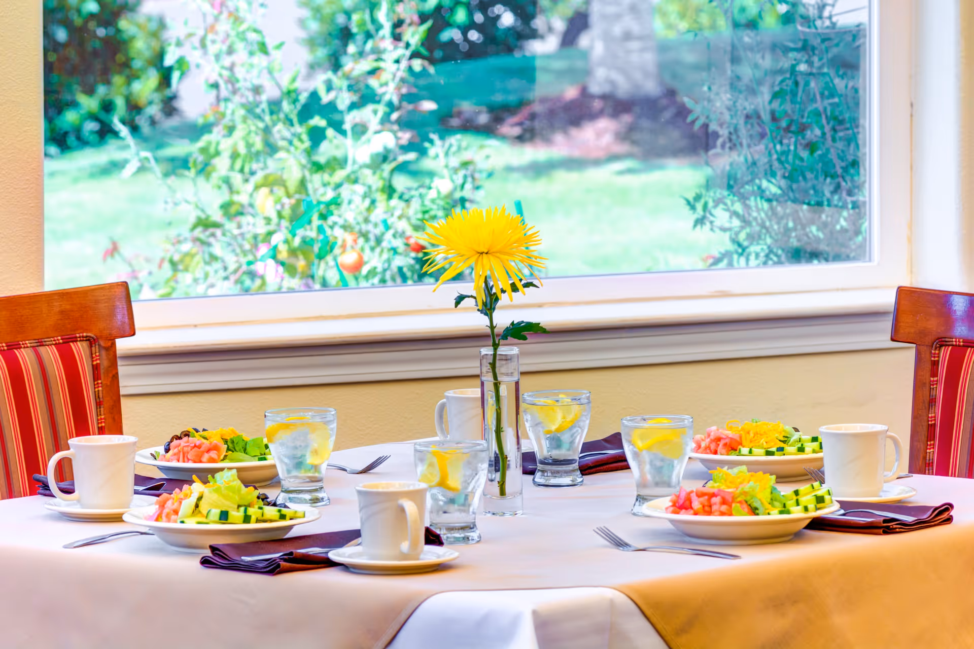 A round dining table set for four with plates of salad, glasses of water with lemon slices, white coffee cups, and silverware. A single yellow flower in a clear vase is placed in the center of the table. The table is near a large window showing a green garden outside. The chairs around the table have red and orange striped cushions.