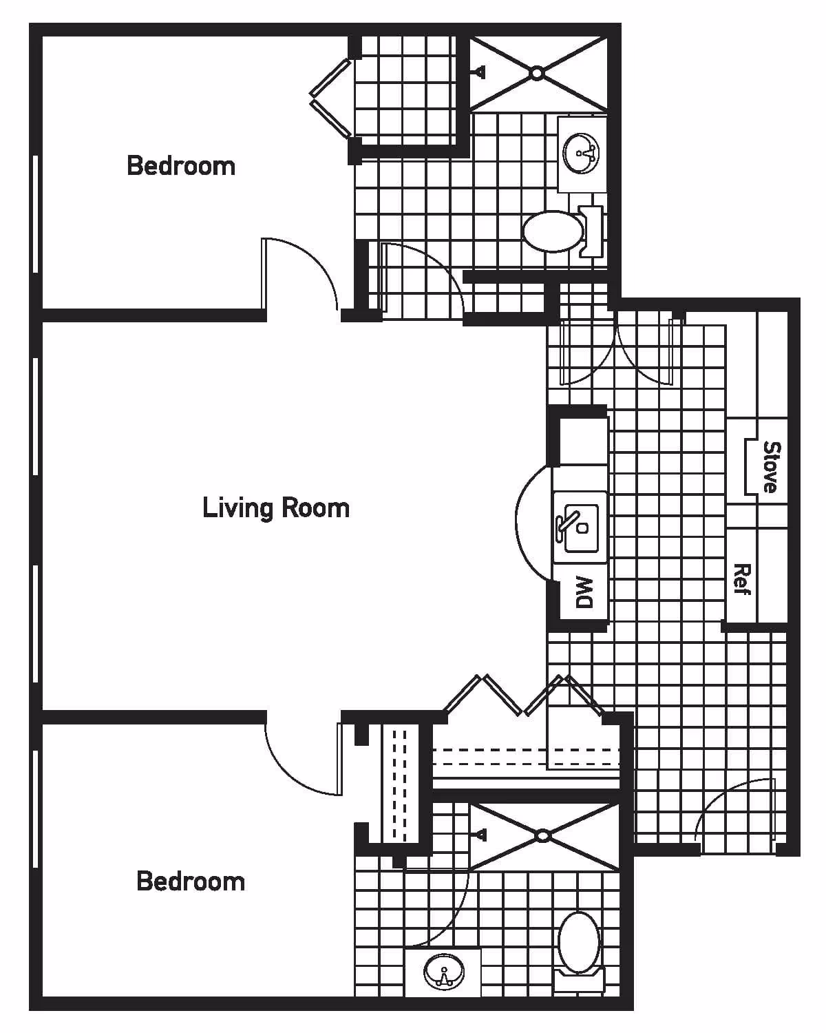 Black-and-white floor plan of a two-bedroom apartment showing a living room, kitchen with appliances, and two bathrooms.