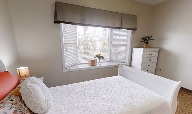 A bright bedroom with a white sleigh bed covered with a white quilt and decorative pillows. There is a window with white blinds and a brown valance, a small nightstand with a lamp, and a white chest of drawers with a potted plant on top.