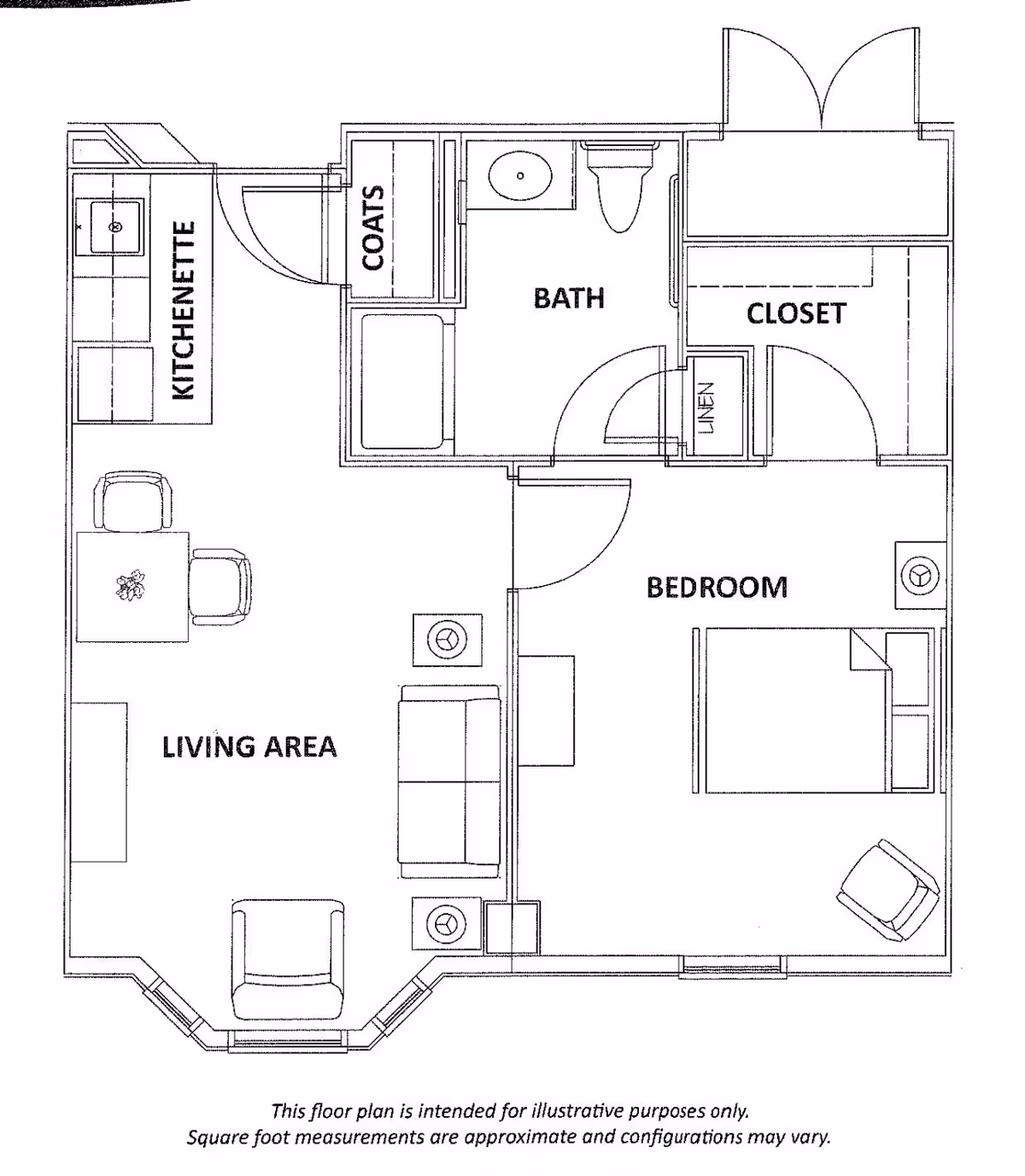 Floor plan of an assisted living unit showing a living area with seating and a table, a kitchenette, a bathroom with a sink, toilet, and bathtub, a bedroom with a bed, chair, and closet, and a coat closet near the bathroom.