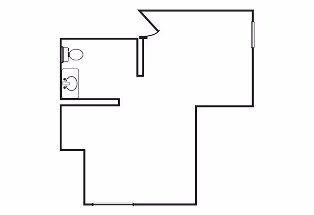 A simple black and white architectural floor plan showing a small layout with a bathroom that includes a toilet and a sink, an entrance door, and two windows.