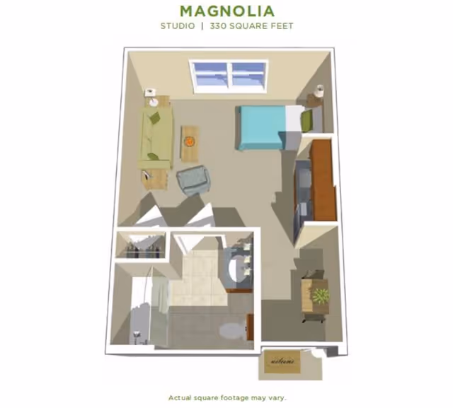 Floor plan of Magnolia studio apartment at Caydance Assisted Living & Memory Care, showing a 330 square feet layout with a combined living and sleeping area, a kitchen, a bathroom, and a small entryway.
