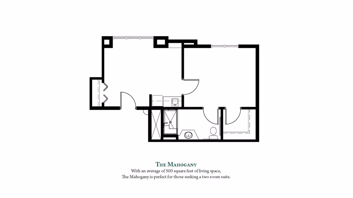 Black-and-white floor plan titled 'The Mahogany' showing a two-room suite layout with a bathroom and living/kitchen areas.