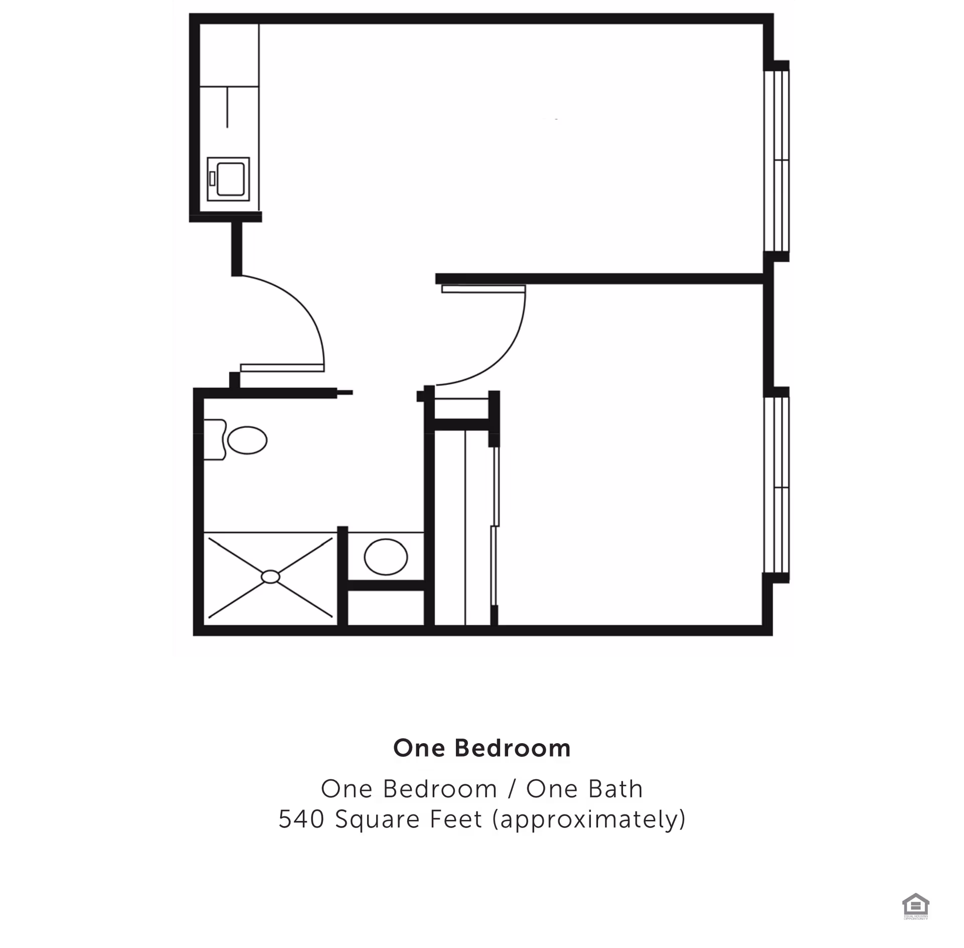 Floor plan layout of a one-bedroom, one-bath apartment with approximately 540 square feet. The plan shows a bedroom, a bathroom with a shower, toilet, and sink, and a kitchen area.