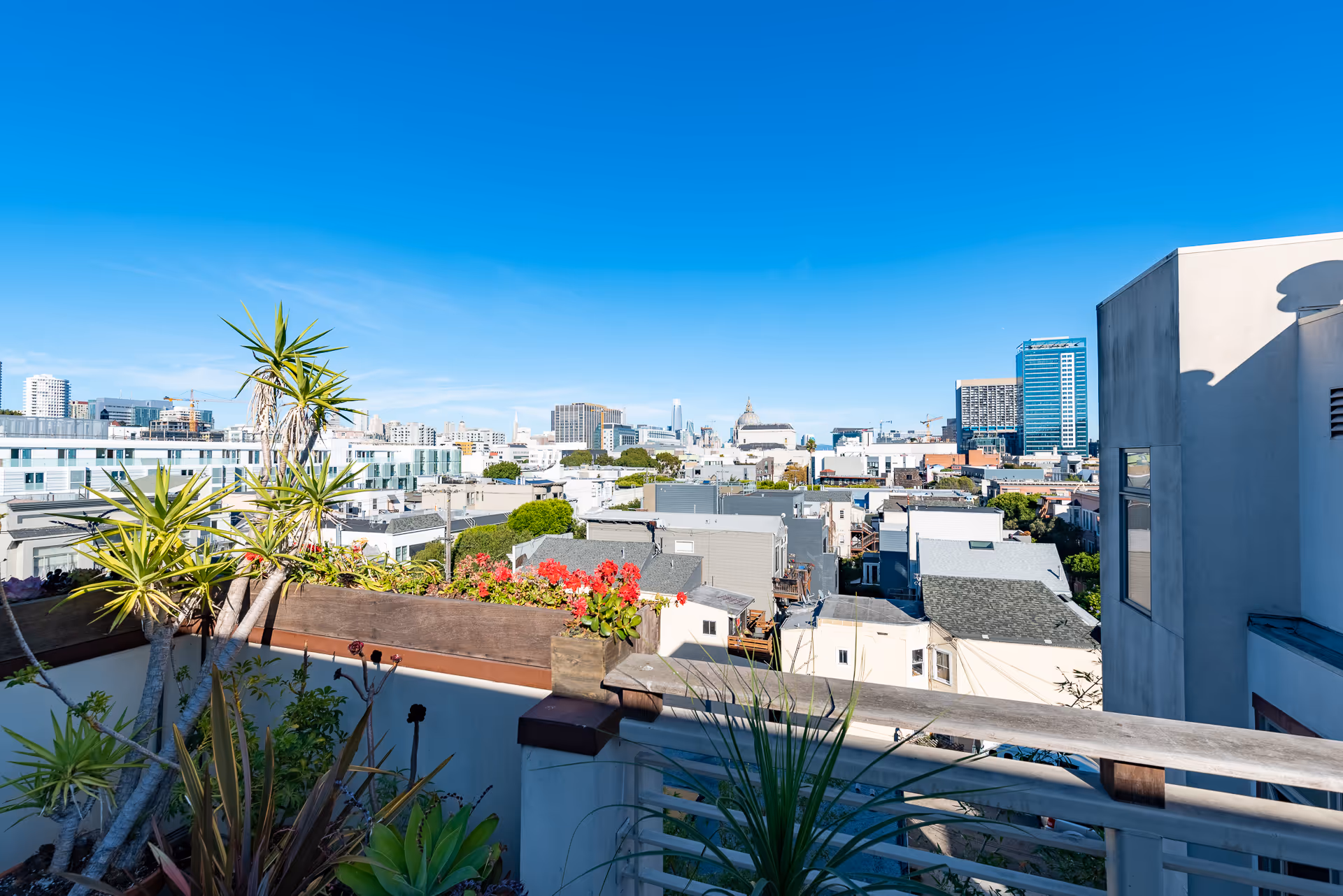 Rooftop terrace with potted plants and a wooden railing overlooking a city skyline under a clear blue sky.
