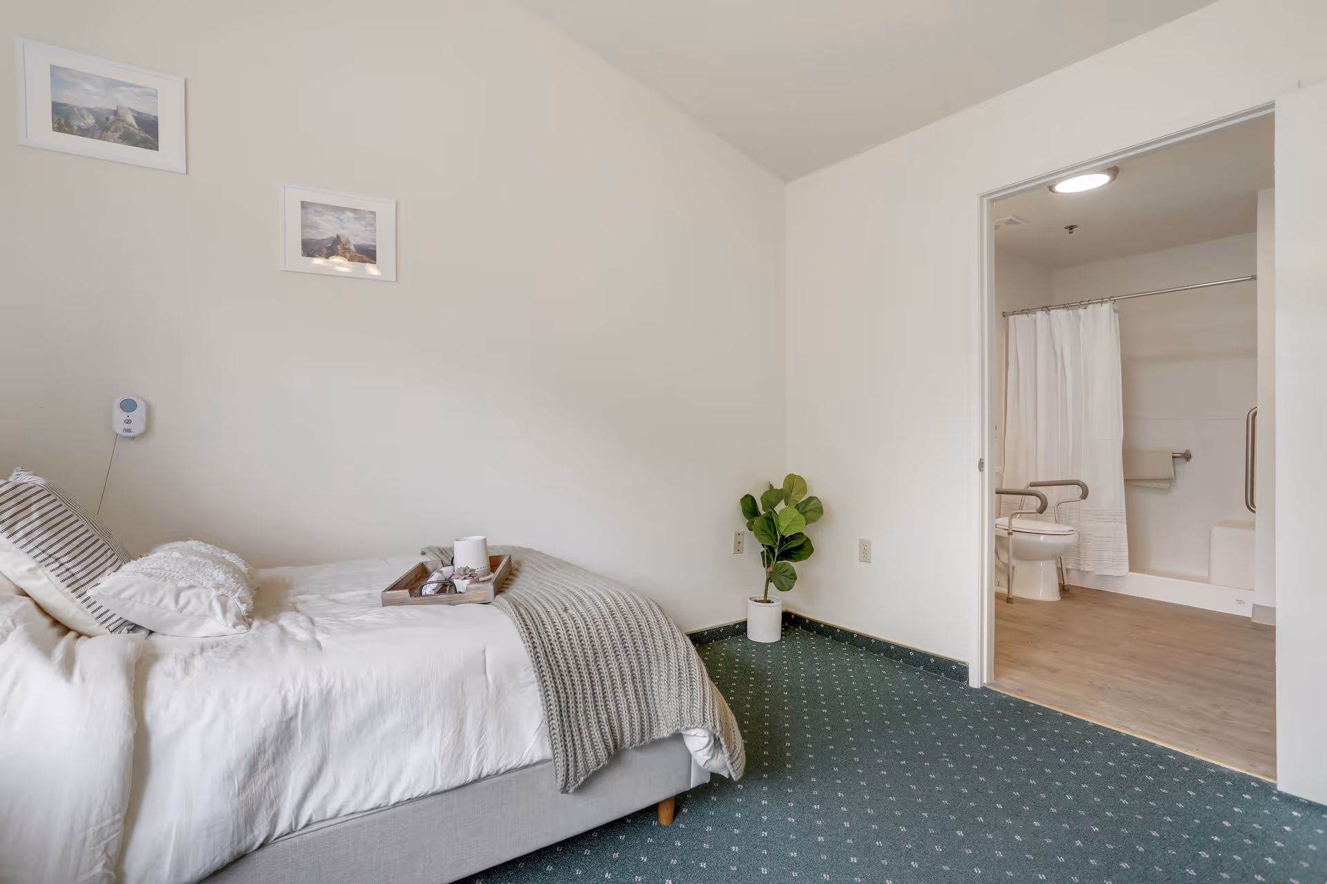 A bedroom with a neatly made bed featuring white and striped pillows and a gray knitted blanket. A wooden tray with a candle and decorative items is placed on the bed. The room has green patterned carpet and white walls with two framed landscape photos. An open doorway reveals an adjacent bathroom with a toilet, grab bars, and a shower with a white curtain.