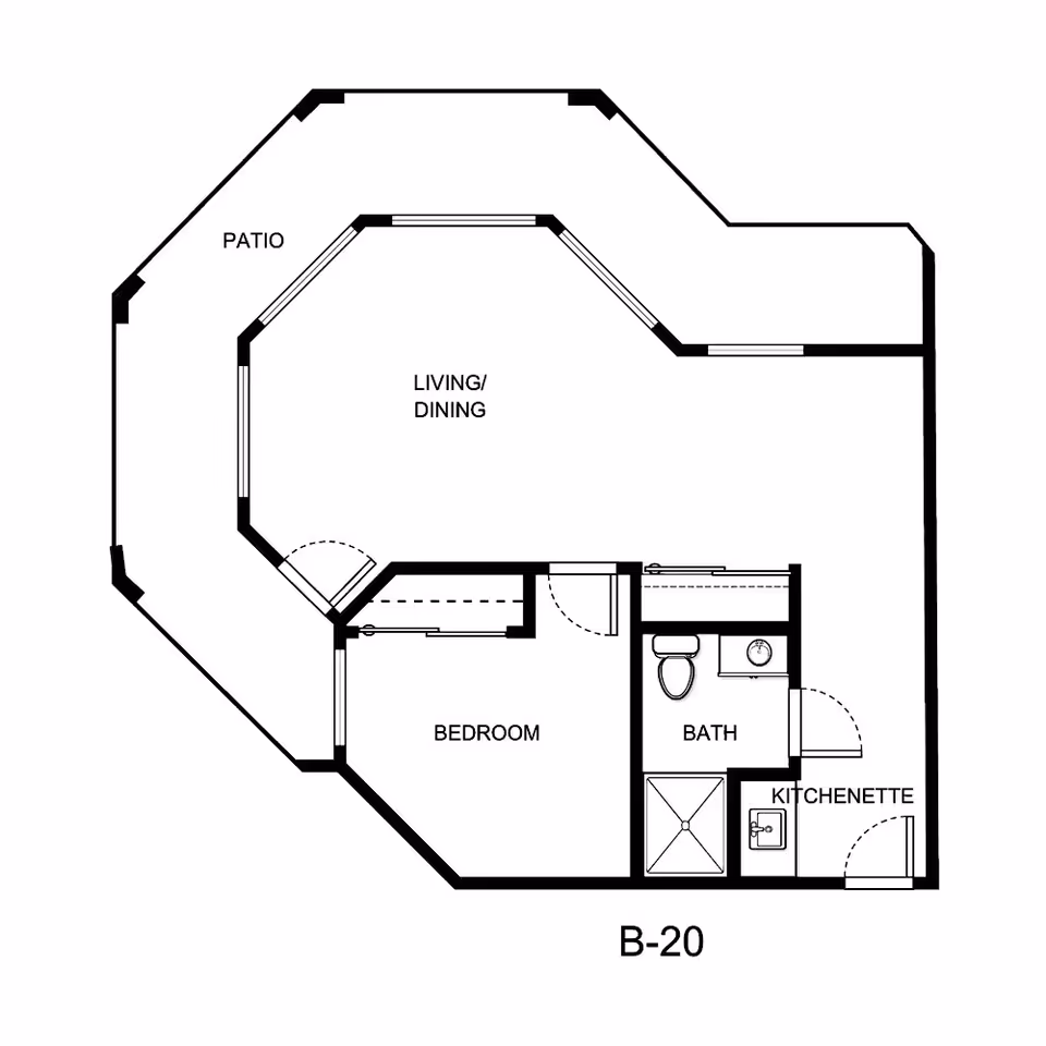 Architectural floor plan of a unit labeled B-20 at La Mirada Heights, showing a patio, combined living and dining area, bedroom, bathroom, and kitchenette.