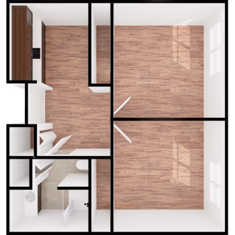 Top-down view of a small apartment floor plan with two rooms featuring wooden floors, a kitchen area with cabinets and appliances, and a bathroom with a toilet and sink.