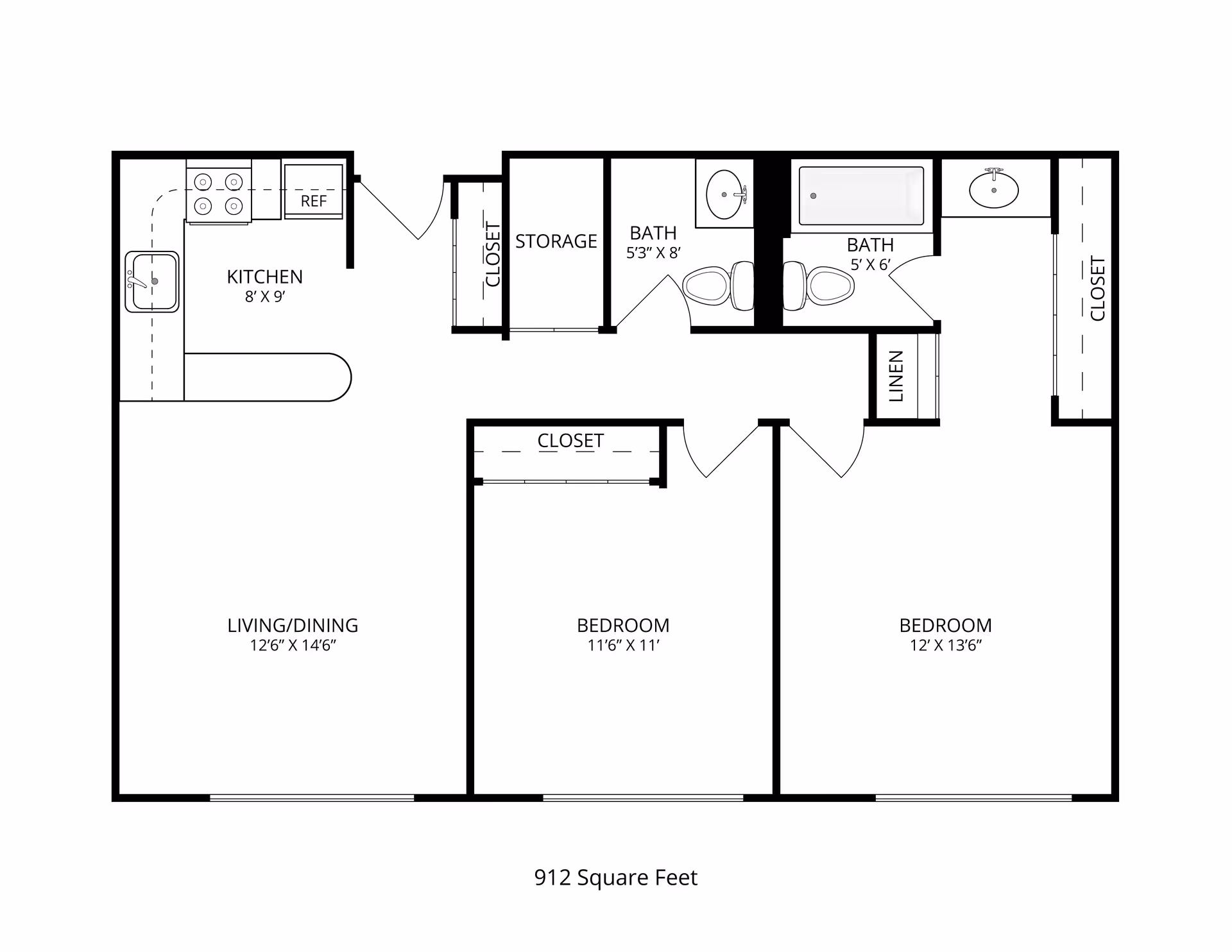 Floor plan of a 912 square feet apartment at Citadel at Casa Scalabrini showing two bedrooms, two bathrooms, a kitchen, living/dining area, storage, closets, and linen space.