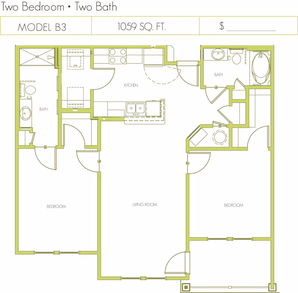 Floor plan of a two-bedroom, two-bath apartment model B3 with 1059 square feet, showing layout including kitchen, living room, two bedrooms, and two bathrooms.