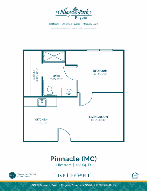 Floor plan layout of the Pinnacle (MC) unit at Village on the Park Rogers, showing a 1-bedroom, 466 square feet apartment with labeled areas including a bedroom, bath, closet, kitchen, and living room.