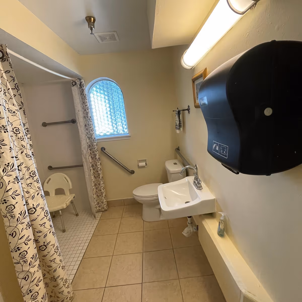 Accessible bathroom showing a roll-in shower with chair and grab bars, a toilet, wall-mounted sink, and a large black paper towel dispenser.
