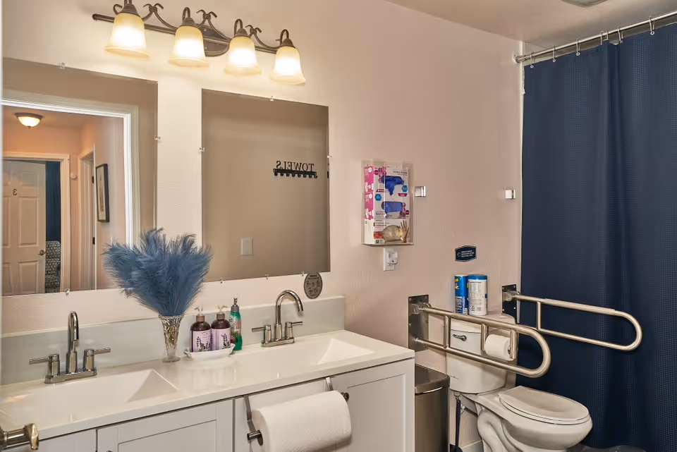 A bathroom with a double sink vanity featuring two faucets, soap dispensers, and a vase with blue decorative feathers. Above the sinks is a large mirror with a four-light fixture. To the right is a toilet with safety grab bars and a dark blue shower curtain. The wall has a mounted dispenser and a towel rack is visible in the mirror reflection.