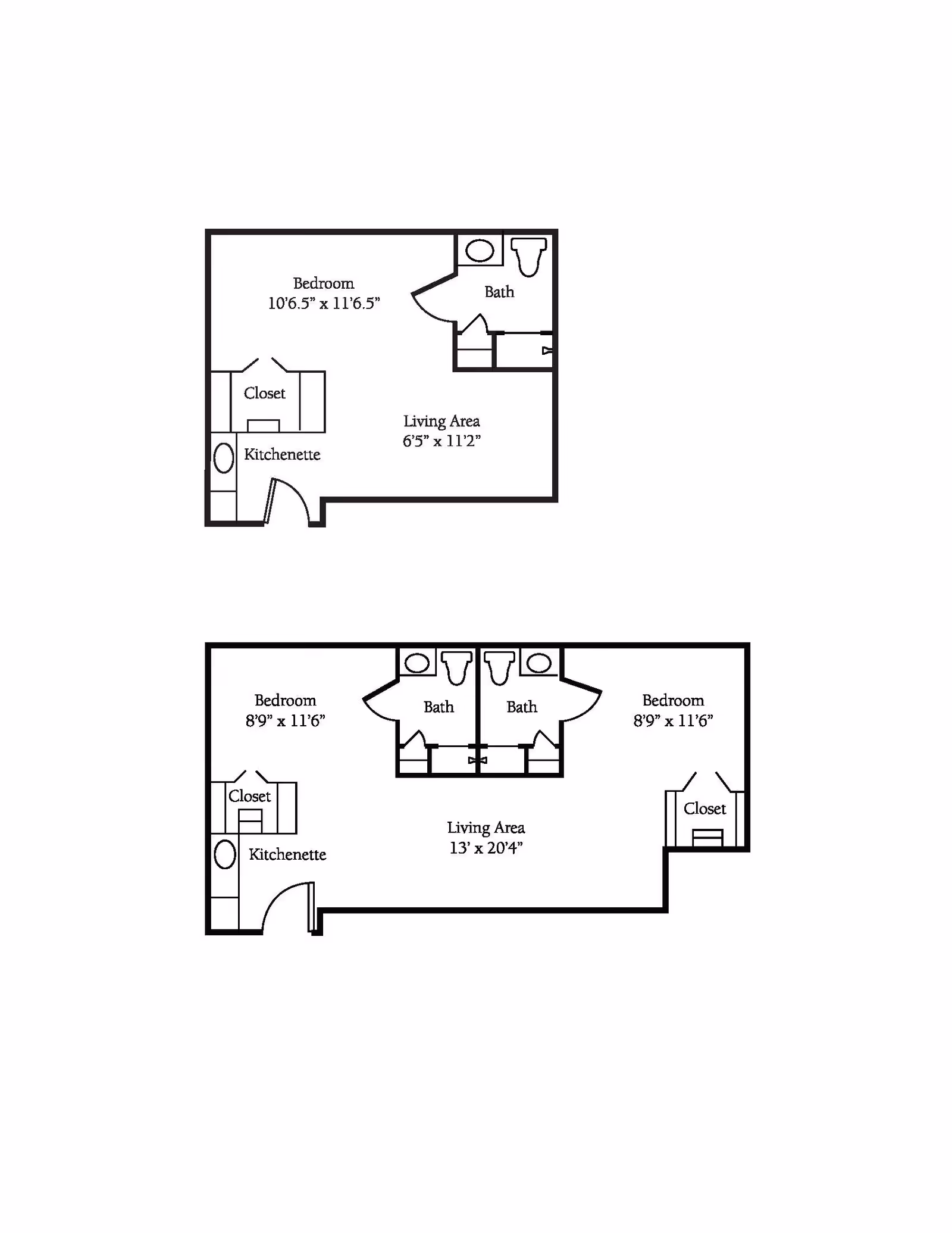 Two architectural floor plans showing layouts of living spaces. The top plan includes a bedroom, bath, closet, kitchenette, and living area with dimensions. The bottom plan features two bedrooms, two baths, closets, a kitchenette, and a larger living area with dimensions.