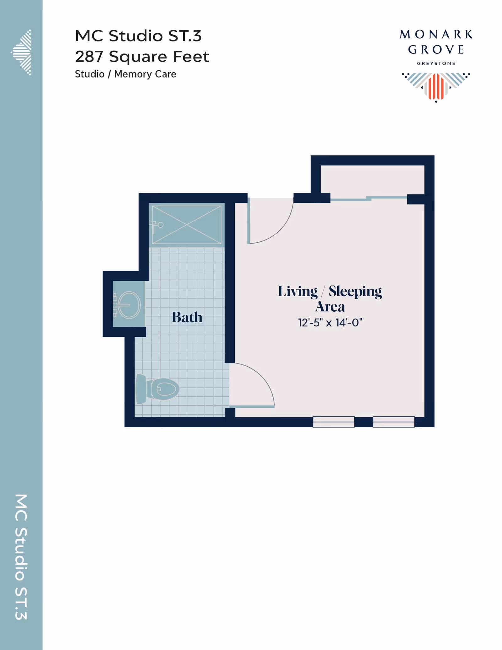 Floor plan of a studio memory care unit named MC Studio ST.3 at Monark Grove Greystone, showing a 287 square feet layout with a living/sleeping area measuring 12 feet 5 inches by 14 feet, and an adjacent bathroom with a shower, toilet, and sink.