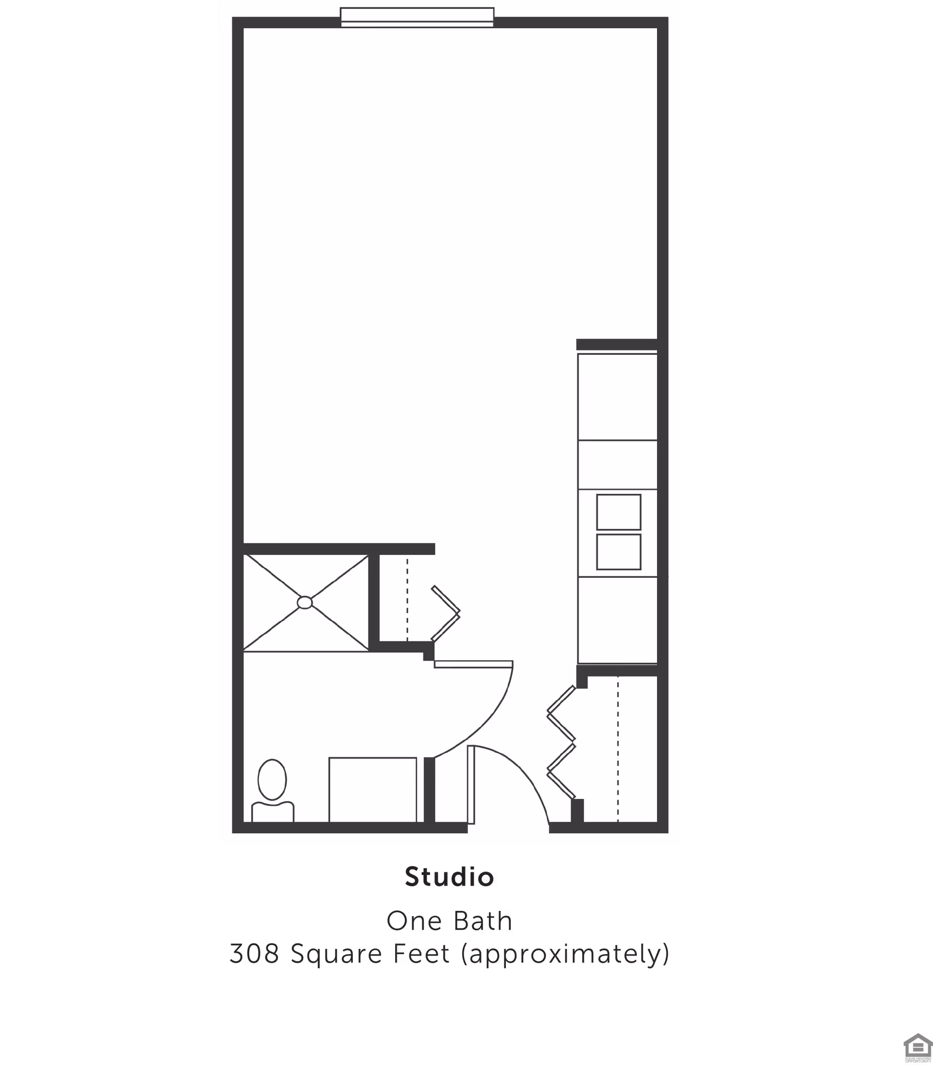 Architectural floor plan of a studio apartment with one bathroom, approximately 308 square feet. The layout includes a bathroom with a shower, a kitchen area with appliances, and an open living/sleeping space.