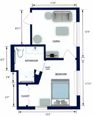 Floor plan of a senior living unit at Aravilla Clearwater showing a living room with sofa, coffee table, and side tables; a bedroom with a bed and nightstand; a bathroom with a toilet and sink; and a closet. Dimensions of each room and overall layout are labeled.