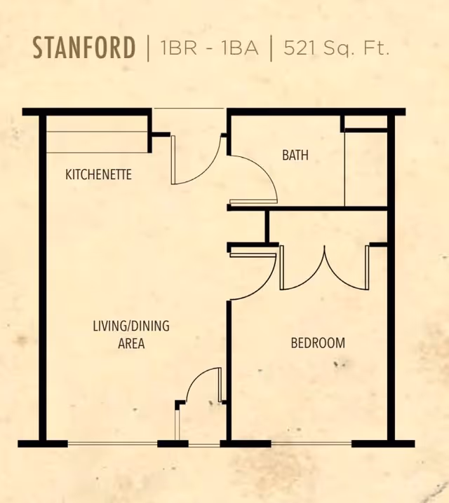 Floor plan of a one-bedroom, one-bathroom apartment named Stanford with 521 square feet, showing a kitchenette, living/dining area, bathroom, and bedroom.