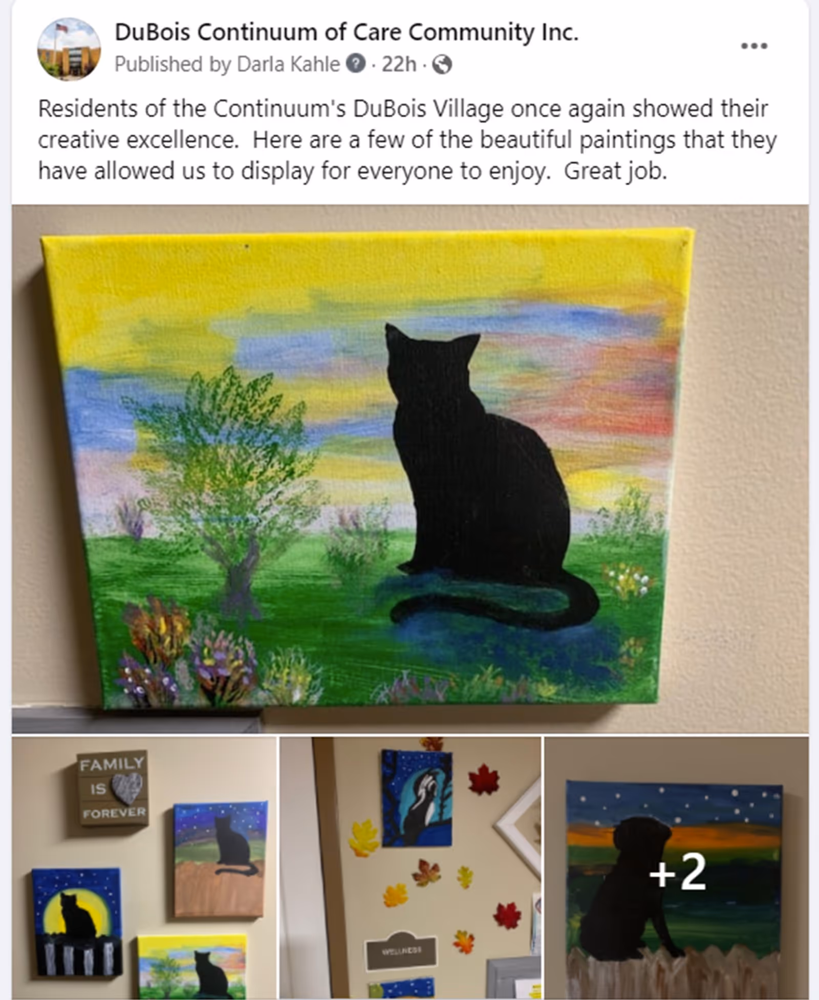 A collage of photos showing several colorful paintings displayed on walls inside a facility. The paintings include silhouettes of animals such as cats and a dog against various colorful backgrounds like sunsets, night skies, and nature scenes. One photo shows a wall decorated with autumn leaves and a sign that says 'WELLNESS'. Another photo shows a sign that reads 'FAMILY IS FOREVER'.