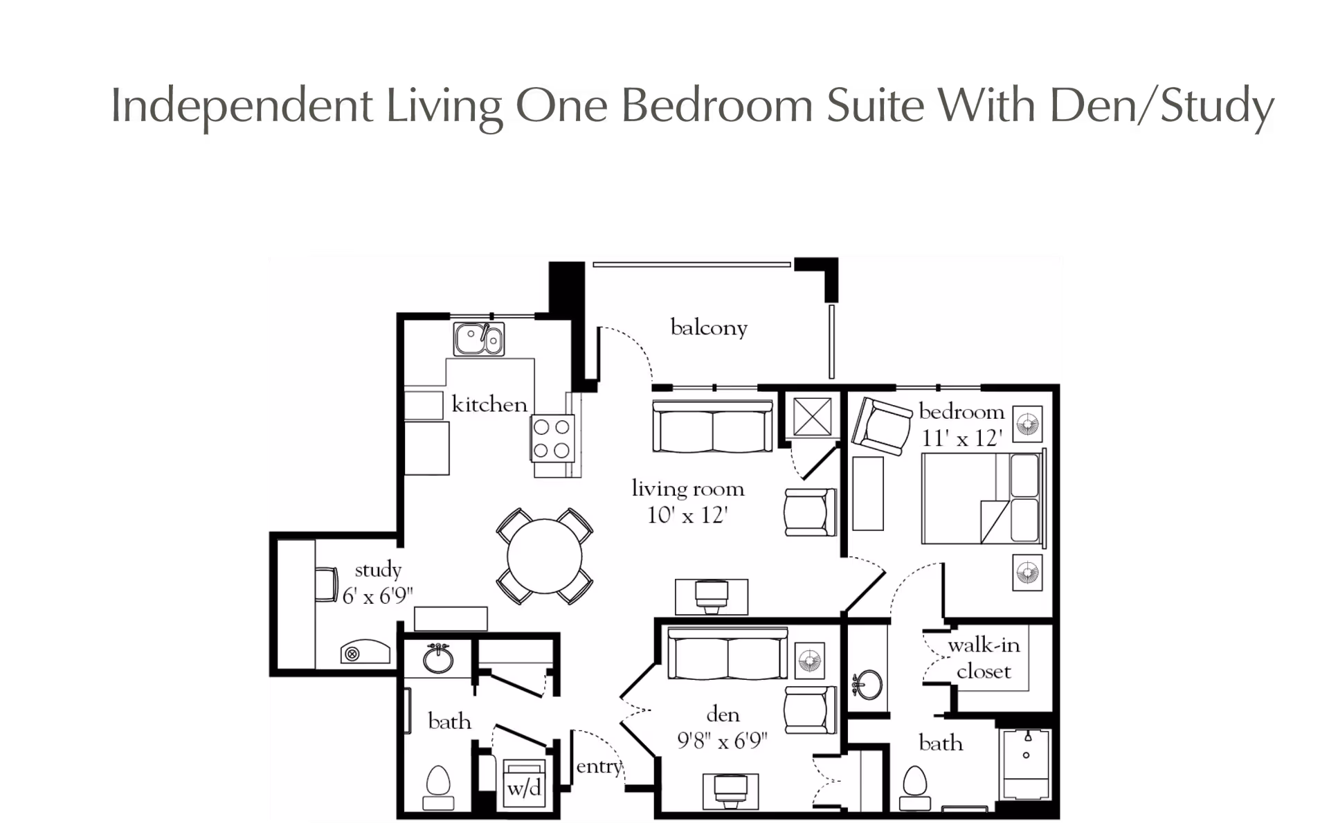 Floor plan of an independent living one bedroom suite with den/study, showing a kitchen, living room, bedroom with walk-in closet, two bathrooms, study, den, balcony, and entry area with washer/dryer.