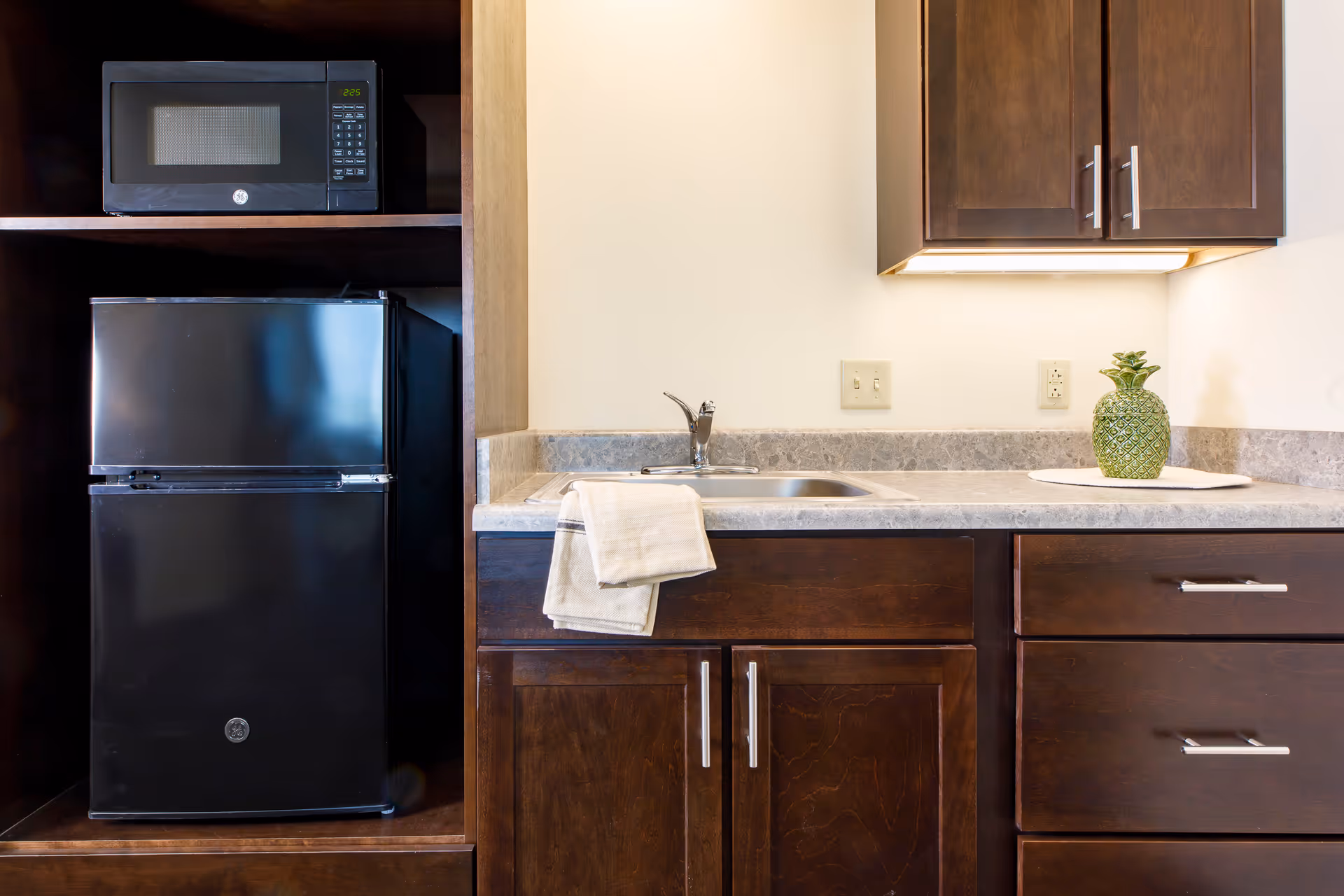 Small kitchenette with a microwave and mini fridge on the left, a sink and countertop with dark wood cabinets and a decorative pineapple on the right.