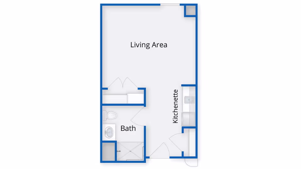 Floor plan layout of a senior living unit at Benchmark Senior Living at Robbins Brook, showing a living area, kitchenette, and bathroom with labeled sections.