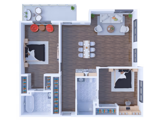 Top-down view of a two-bedroom apartment floor plan featuring a living room with sofa and chairs, a dining area with a table and six chairs, a kitchen with appliances, two bedrooms each with a bed and side tables, two bathrooms, closets, and a balcony with outdoor seating.