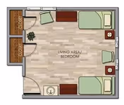 Floor plan of a senior living bedroom and living area with two beds, two closets, two chairs, two nightstands, a dresser, and a small plant.