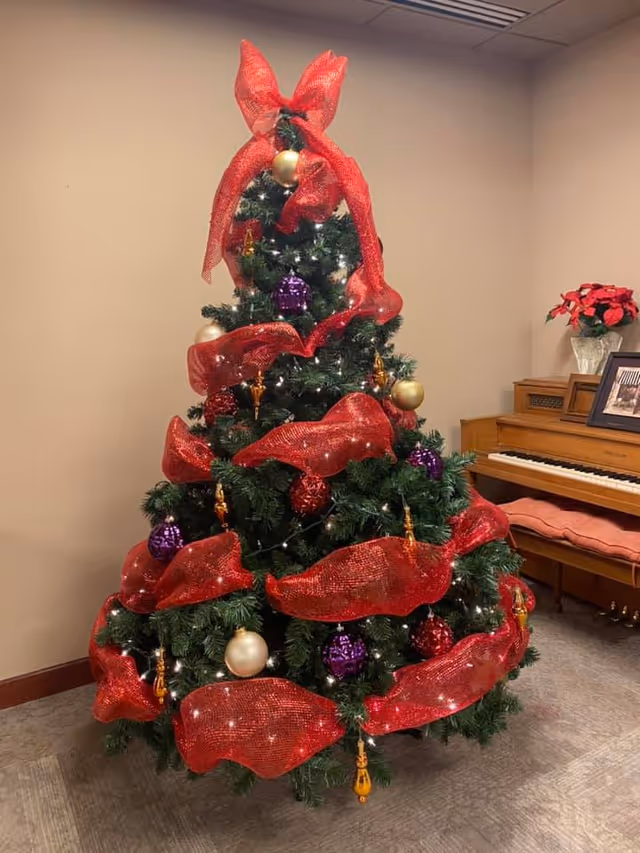 A decorated Christmas tree with red mesh ribbon, gold, purple, and red ornaments, and white string lights stands in a room with beige walls and carpeted floor. To the right of the tree is a wooden piano with a pink cushioned bench, a framed photo, and a poinsettia plant on top.