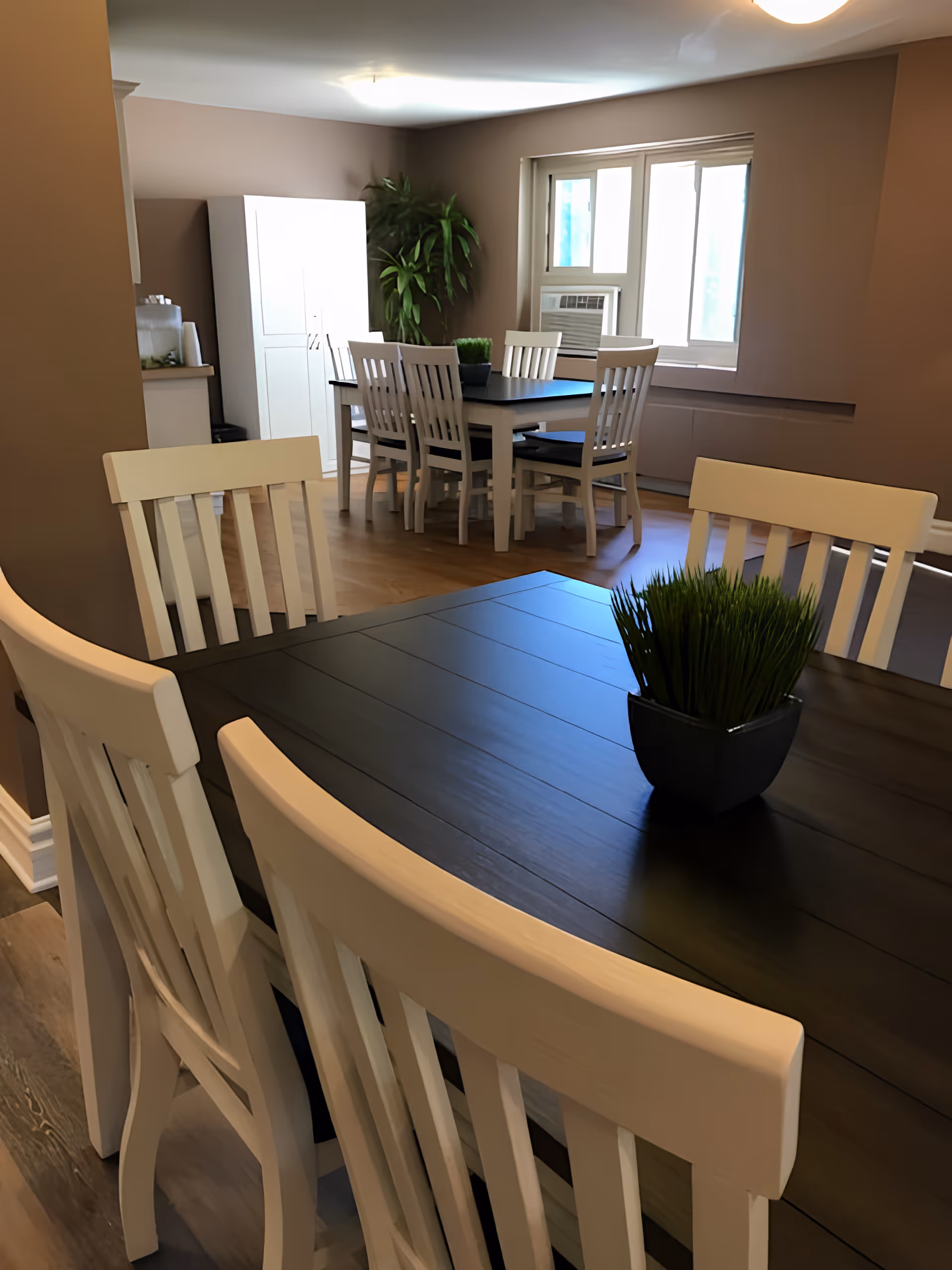 Interior view of a dining area with two dark wooden tables surrounded by white wooden chairs. One table has a small potted plant with green grass-like foliage. The room has beige walls, a window with an air conditioning unit, a white cabinet, and a large green plant in the corner.