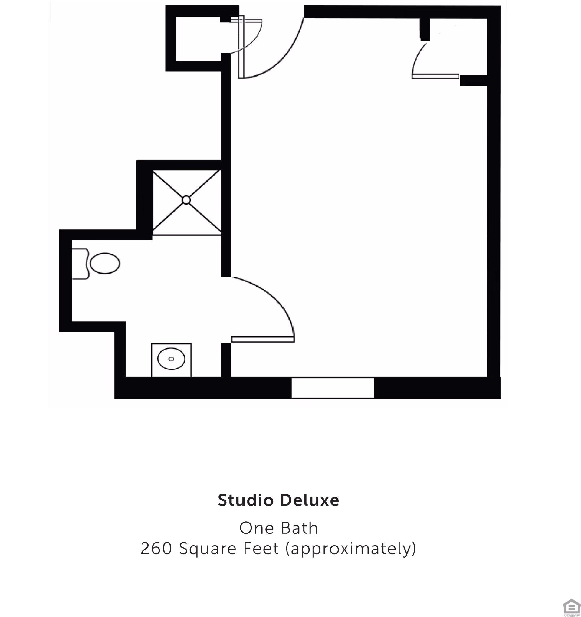 Floor plan of a Studio Deluxe apartment with one bathroom, approximately 260 square feet. The layout includes an entry door leading into a main living area, a bathroom with a toilet, sink, and shower, and a closet space.