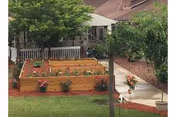 Raised wooden garden beds with plants and flowers in a grassy yard area, surrounded by a paved walkway and trees, with a building in the background.