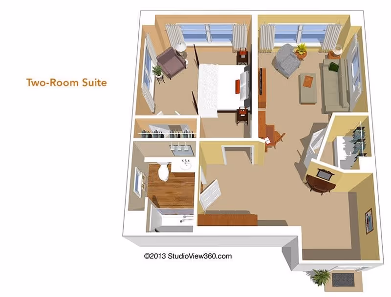 3D floor plan of a two-room suite showing a bedroom with a bed, nightstands, and a chair; a living room with a sofa, armchair, coffee table, TV, and desk; a bathroom with a toilet, sink, and bathtub; and a closet area. The suite has windows with curtains and a small entryway with a plant.