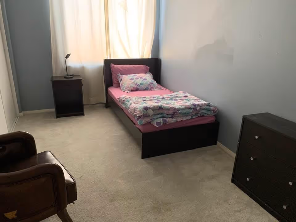 A small bedroom with a single bed against the wall, covered with pink sheets and a colorful blanket and pillow. There is a dark wooden nightstand with a small lamp next to the bed, a dark wooden dresser on the right side, and a brown leather armchair in the foreground. Light beige carpet covers the floor and a window with light curtains is behind the bed.