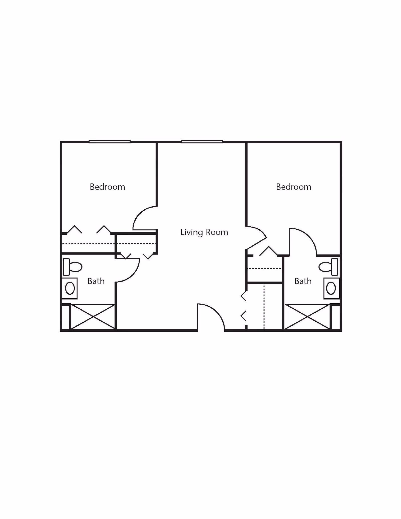 Floor plan layout showing two bedrooms, two bathrooms, and a central living room area.