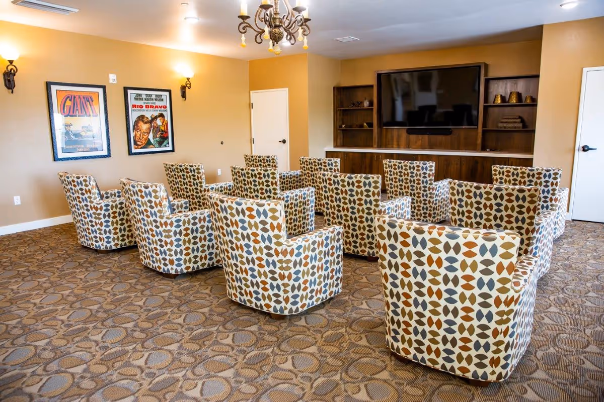 A communal lounge/media room with patterned armchairs arranged facing a wall-mounted TV and shelving.