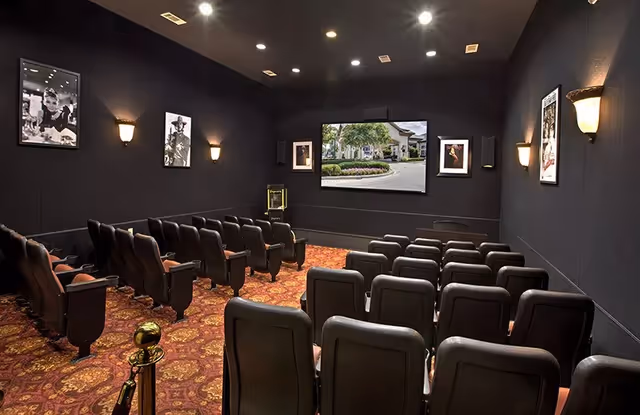 Small darkened theater room with rows of upholstered seats facing a large screen and framed pictures on the walls.
