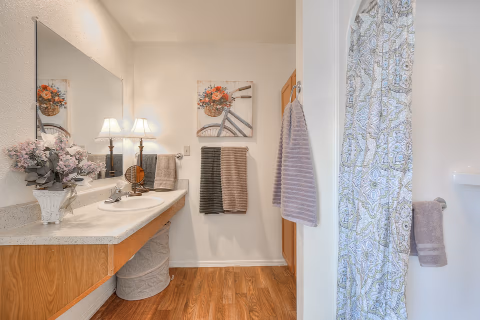 Bright bathroom with a sink vanity, large mirror, decorative towels, and a patterned shower curtain.