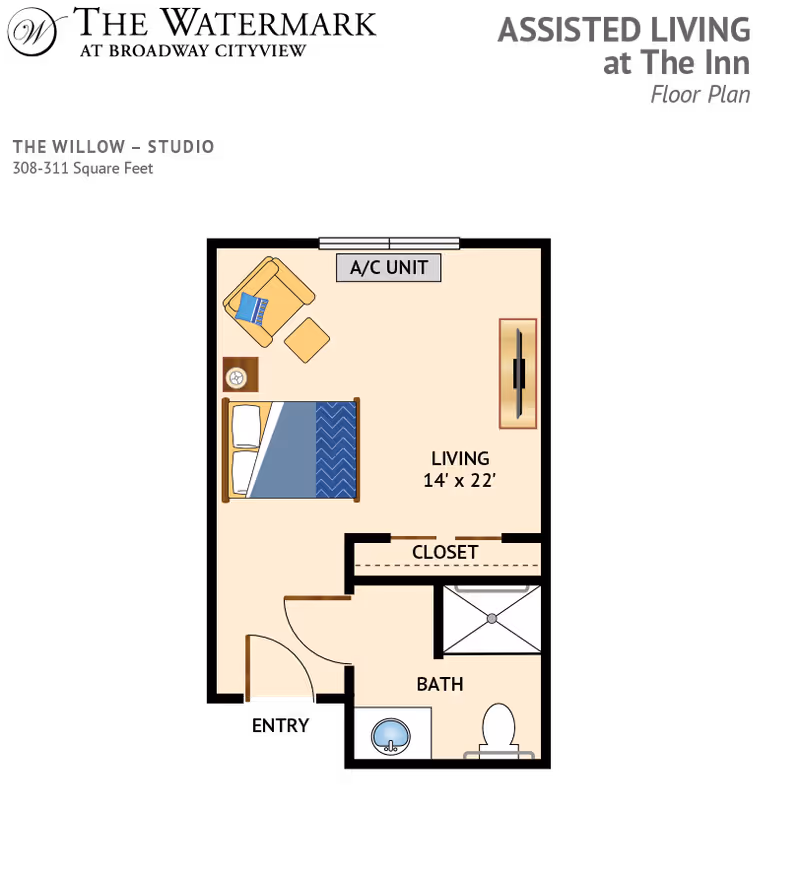 Graphic floor plan of a studio apartment showing a living/sleeping area, closet, and bathroom labeled 'The Willow'.