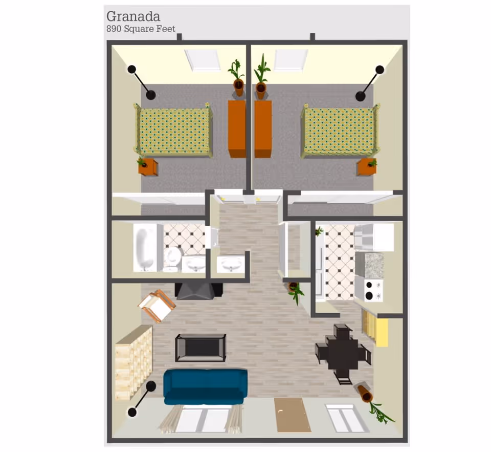 Floor plan of an 890 square feet apartment named Granada, showing two bedrooms each with a bed, nightstand, lamp, and plant. The layout includes a bathroom with a bathtub, toilet, and sink, a kitchen with appliances and cabinets, a dining area with a table and chairs, and a living room with a sofa, chair, coffee table, and bookshelf.